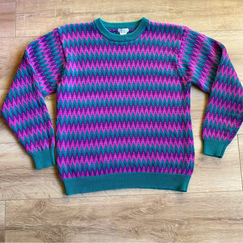 Women’s Crewneck Zigzag Pattern Sweater - Teal & Magenta